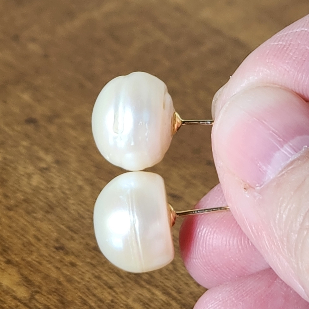 Pearl Stud Earrings Light Cream 13mm Gold Plated Sterling .925 Genuine Pearl - Picture 5 of 7